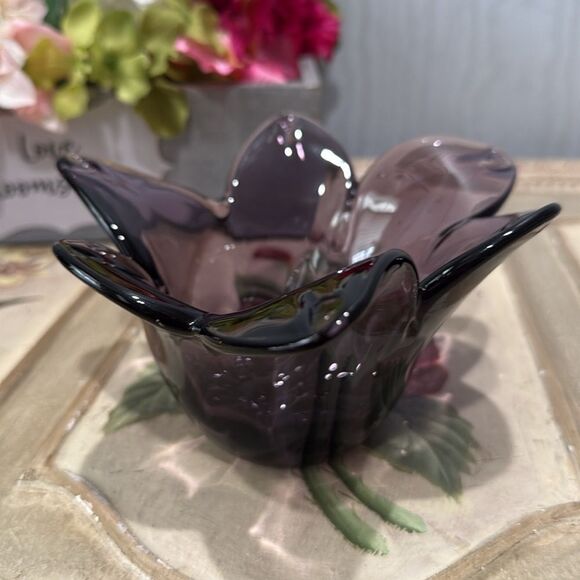 Vintage Handblown Amethyst Purple Murano Glass Tulip Flower Shape Vase Dish - Picture 3 of 12